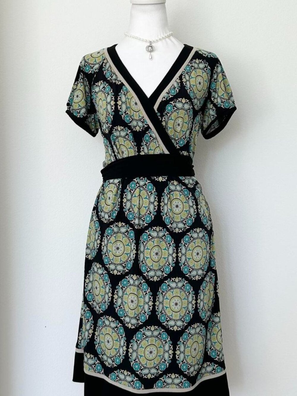Y2K Studio Blue and Black Short Sleeve Babydoll Wrap Midi Dress